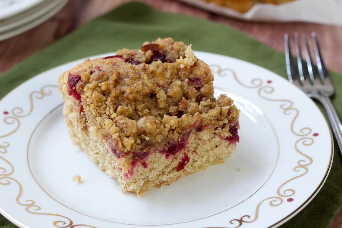 Cranberry pecan streusel coffee cake on a plate
