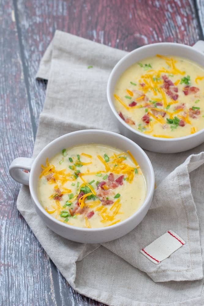 baked potato soup in two bowls