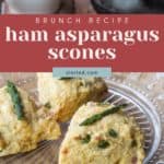 On a clear plate, three delicious ham and asparagus scones sit invitingly, their golden crusts promising a savory delight with every bite.