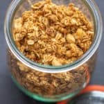 overhead peanut butter granola in a glass jar