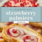 Close-up of strawberry palmiers with jalapeño, a pastry made with puff pastry, strawberry filling, and a hint of spice; text overlay reads "4-Ingredient Strawberry Palmiers stetted.com.