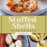 Stuffed shells with chicken and carrot cake on a plate.