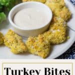 Turkey nuggets with broccoli and dipping sauce.