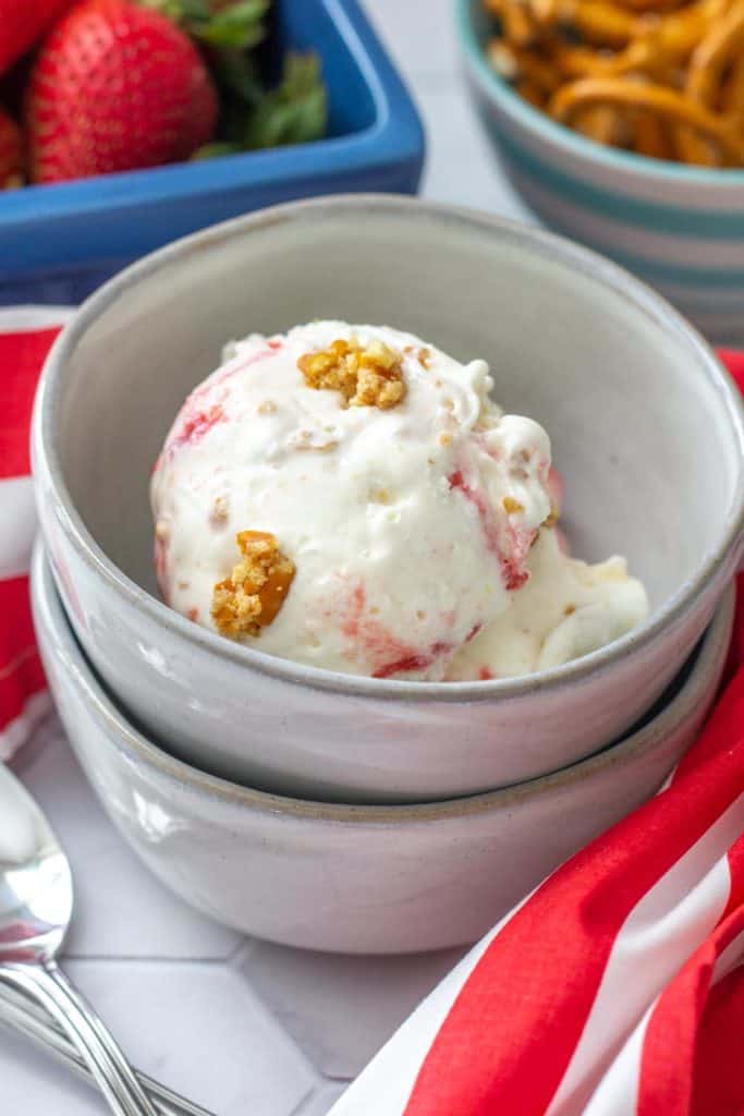 stacked bowl of strawberry pretzel ice cream