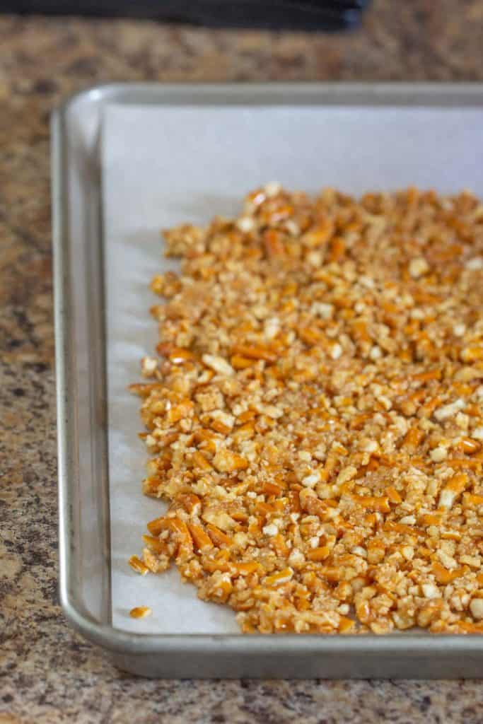 pretzel crumble on a baking sheet