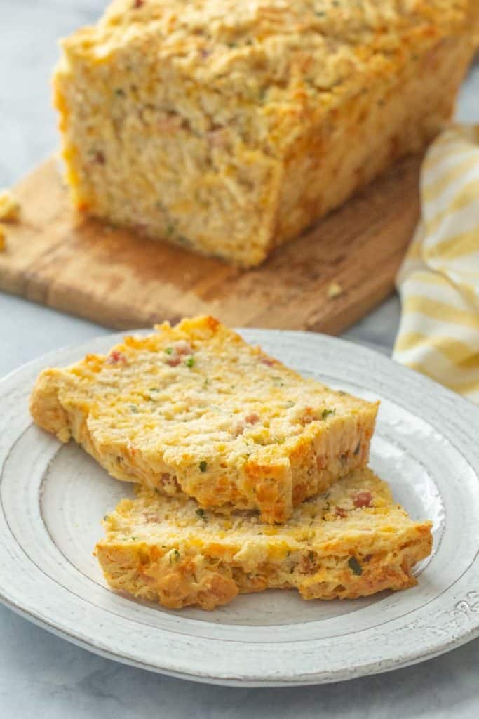 sliced beer bread on a gray plate