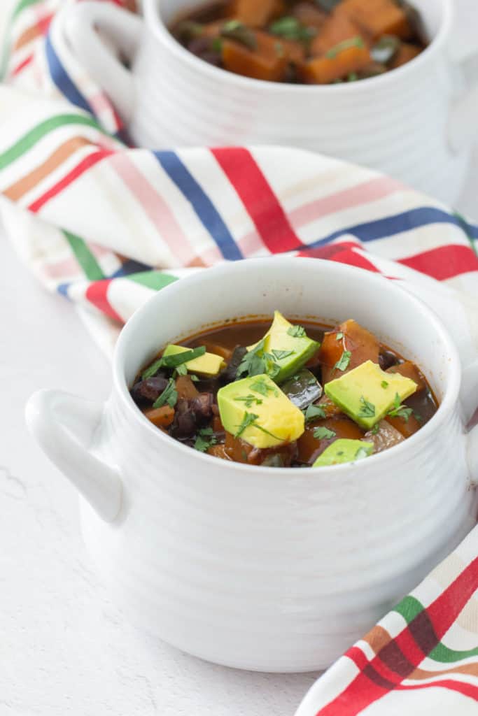 sweet potato black bean chili with avocado