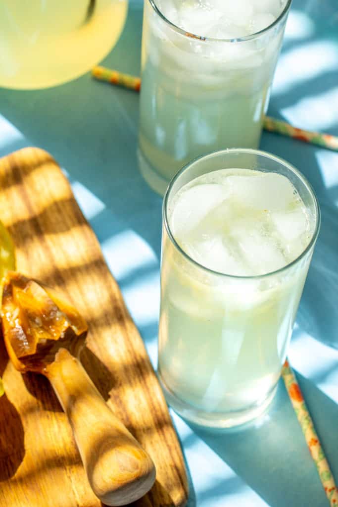 overhead of lemonade in glasses