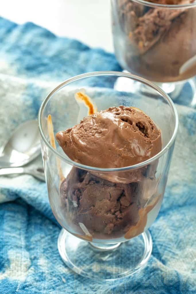 chocolate frozen yogurt in a footed glass dessert bowl