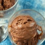 overhead of scoops of chocolate frozen yogurt in dessert bowls