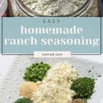 A jar of homemade ranch seasoning mix sits beside a plate displaying separate piles of dried herbs, spices, and powdered ingredients used to make the flavorful blend.