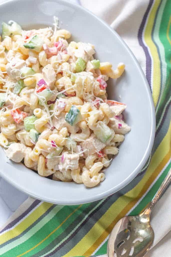 serving dish of chicken pasta salad