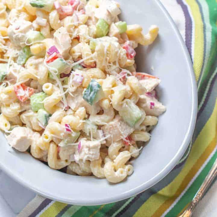 serving dish of chicken pasta salad