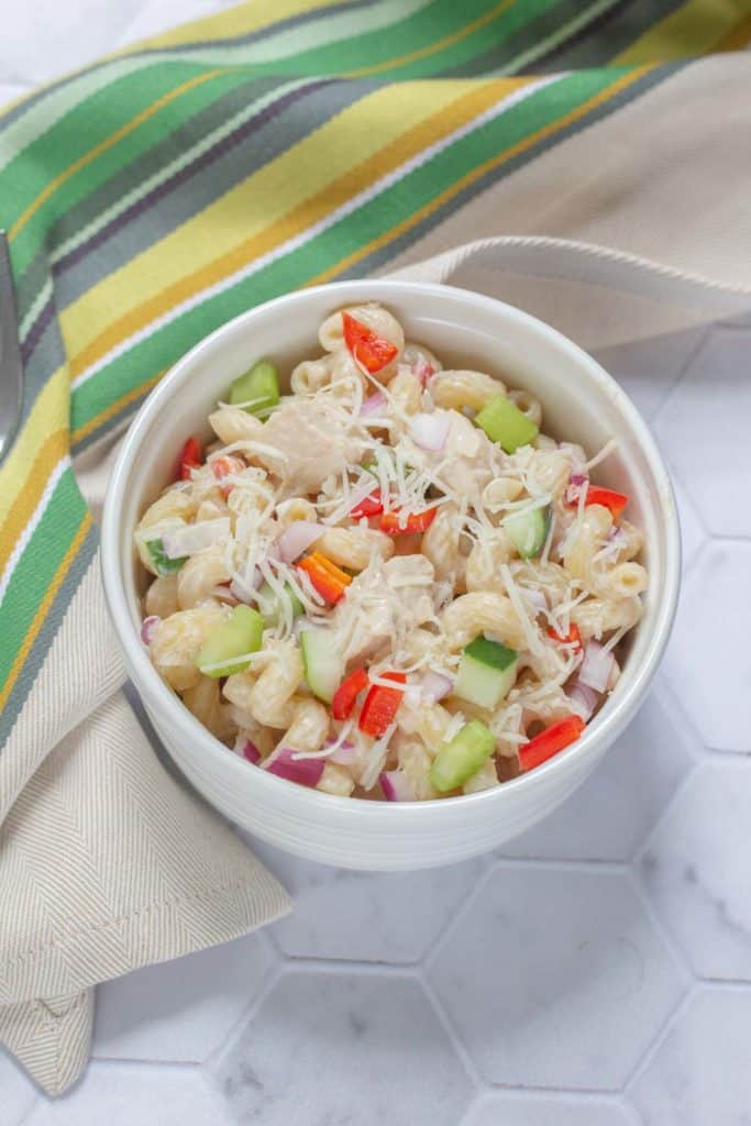 bowl of chicken pasta salad