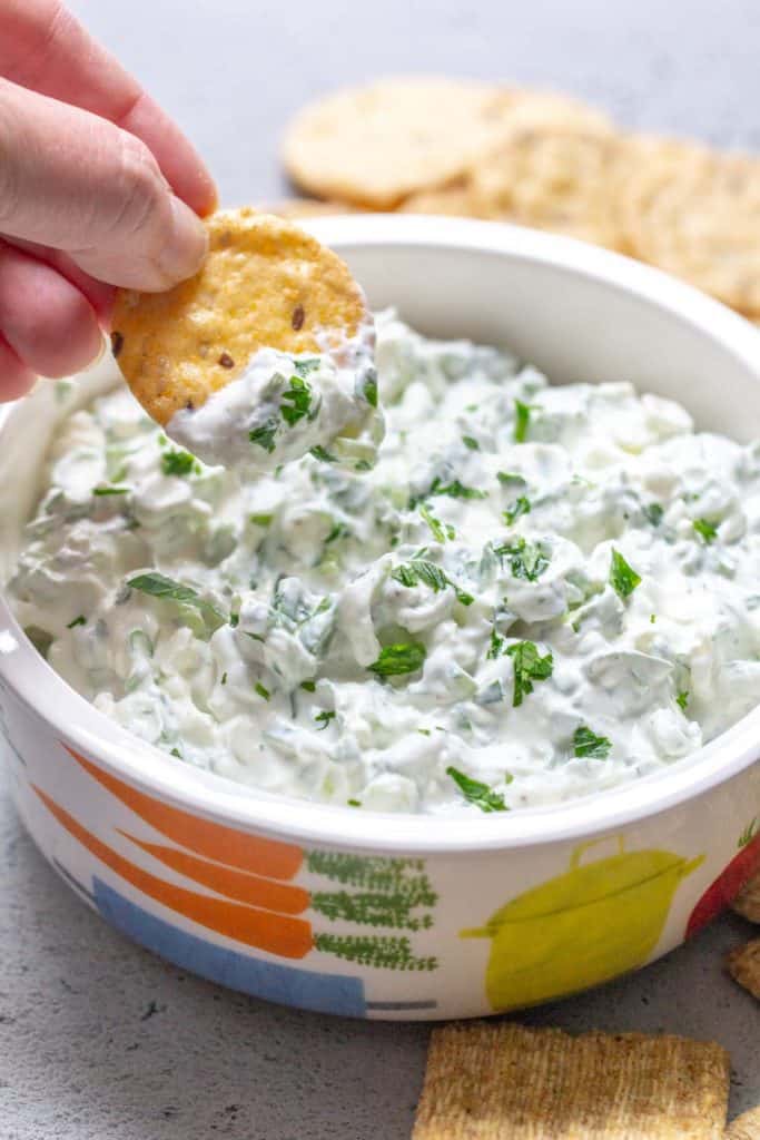 hand holding cracker with green onion dip