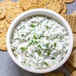 overhead of green onion dip in a bowl