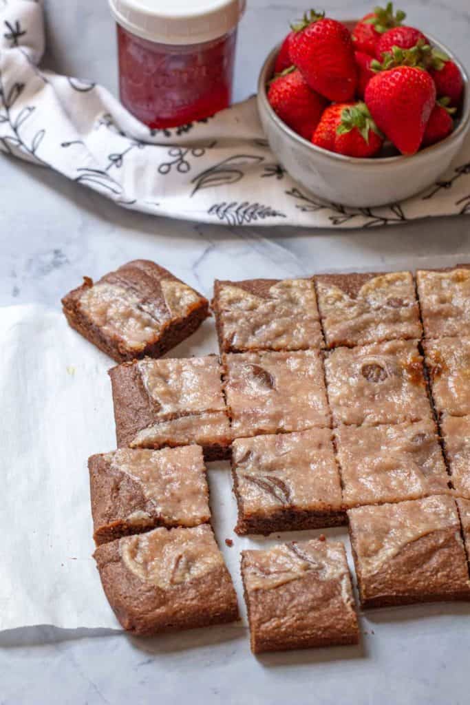 strawberry cheesecake swirl brownies cut