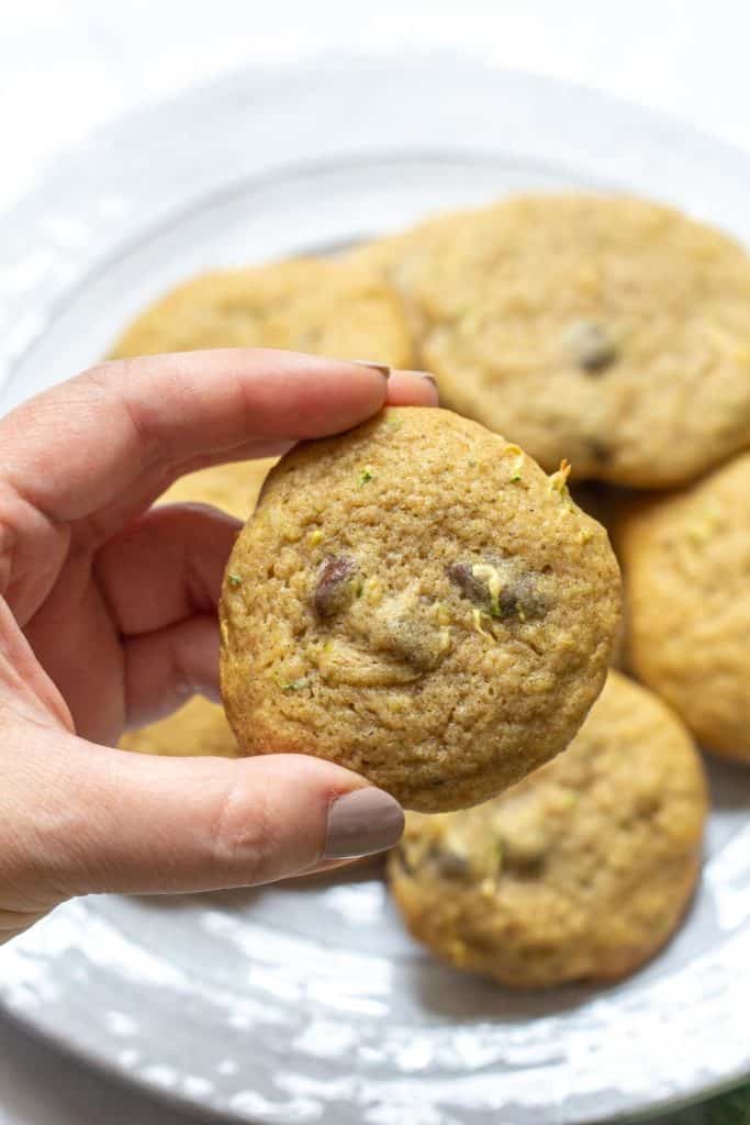 hand holding up zucchini chocolate chip cookie