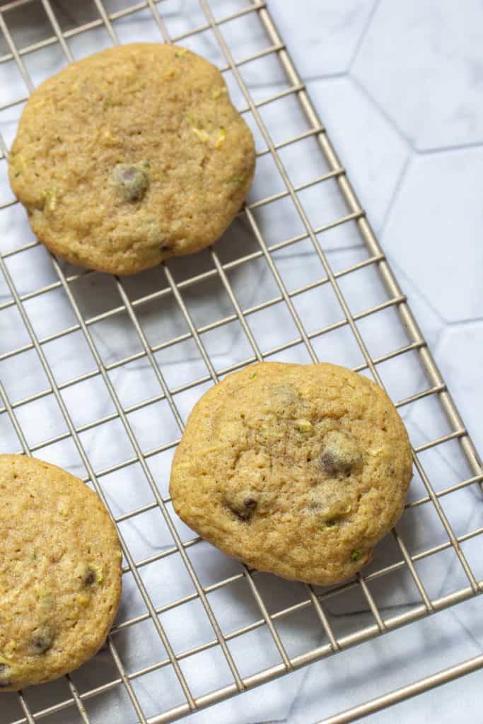 zucchini chocolate chip cookies on cooling rack