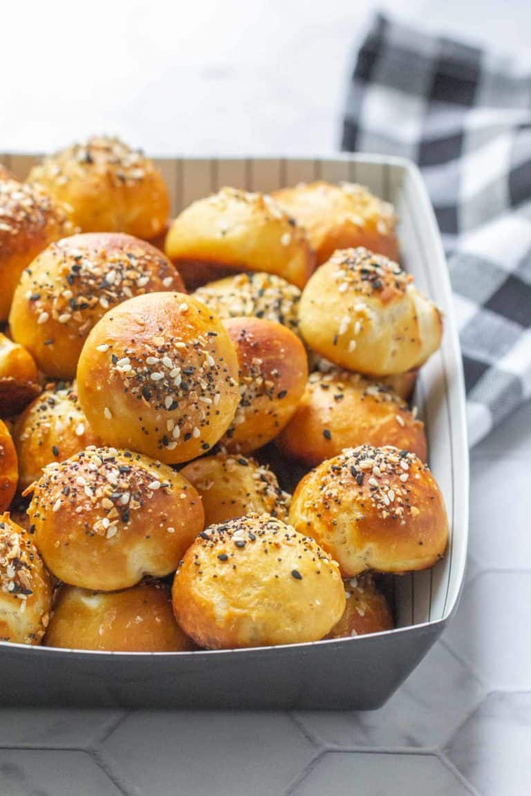 serving dish filled with everything bagel pretzel bites