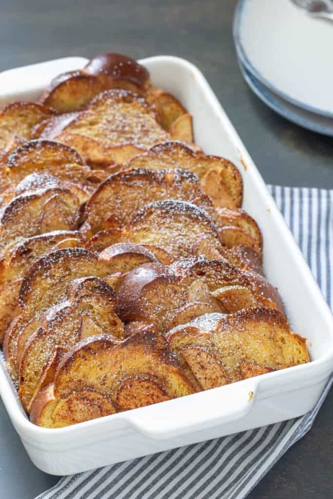 overnight apple cinnamon french toast in casserole dish