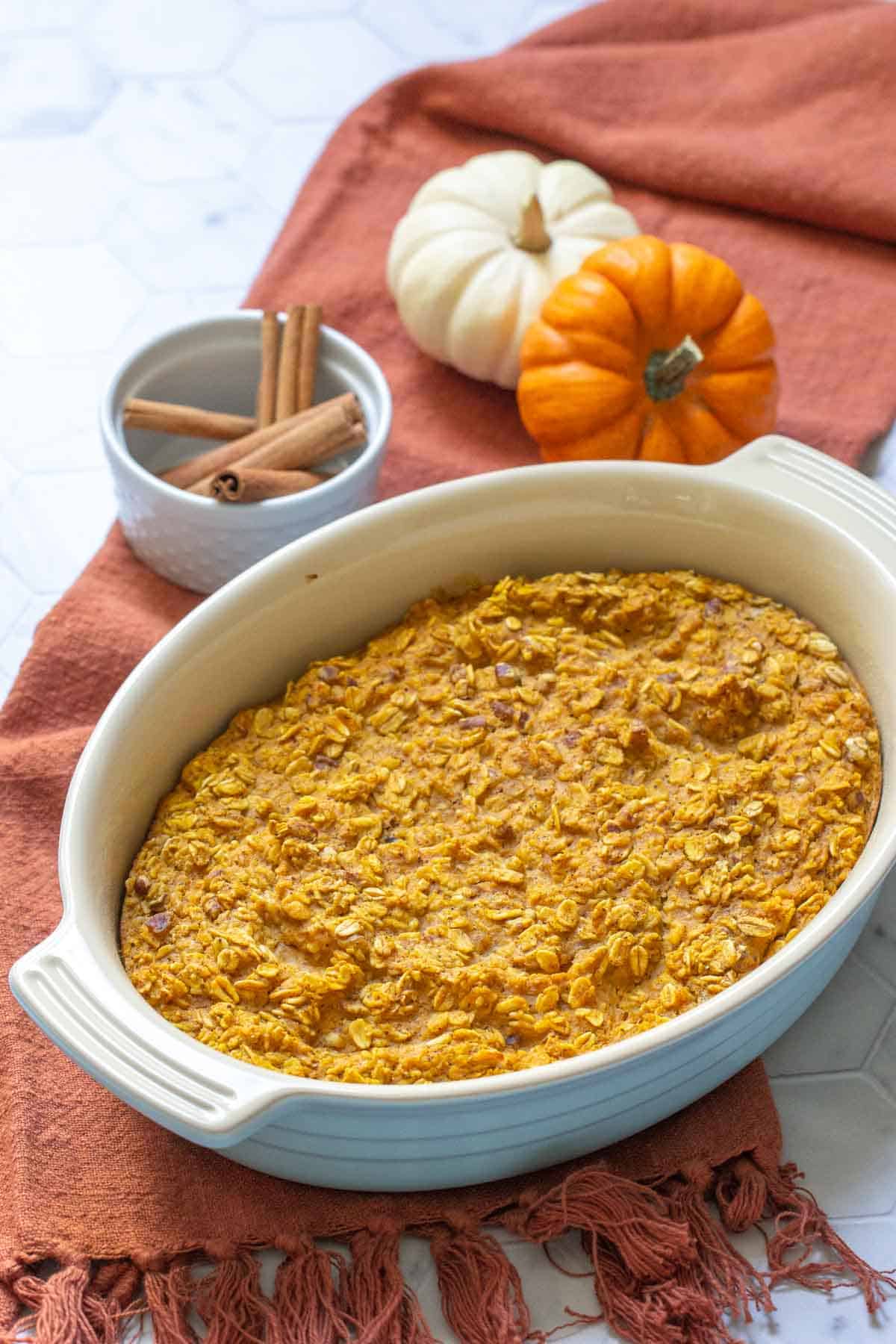 pumpkin baked oatmeal in a casserole dish