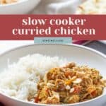 A bowl of slow cooker curried chicken served with fluffy white rice; naan bread and a napkin are visible in the background, making this slow cooker curried chicken a comforting meal.