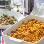 chorizo cornbread stuffing in baking dish on holiday table