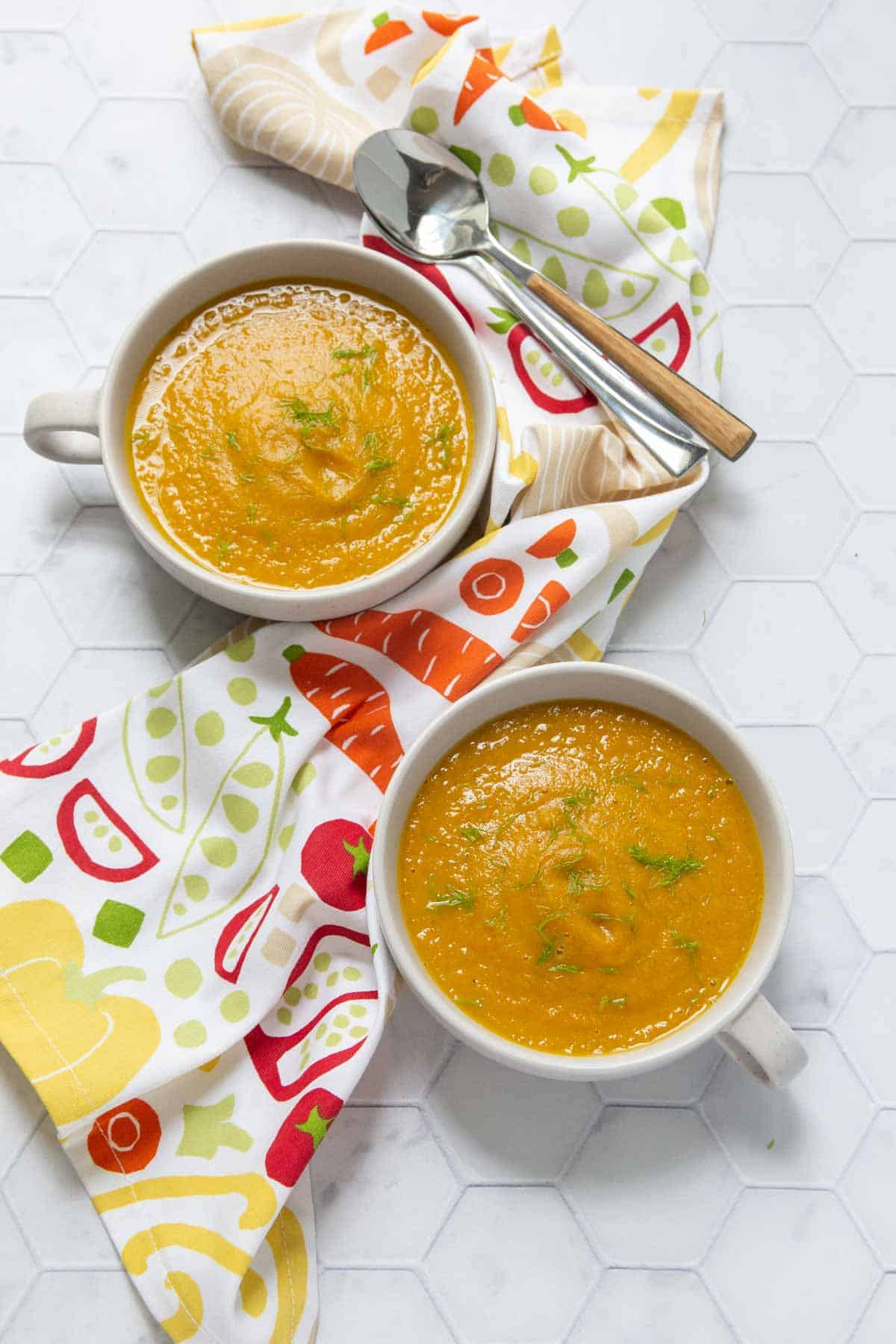 bowls of roasted carrot and fennel soup