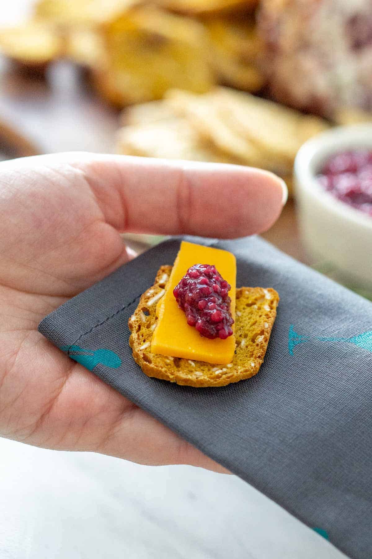 hand holding a cracker with cheese and cranberry mustard on top