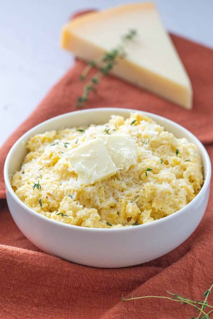 white bowl with mashed rutabaga