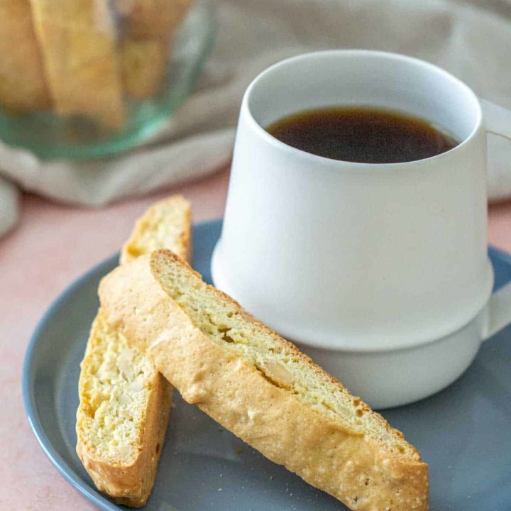 almond biscotti with mug of coffee