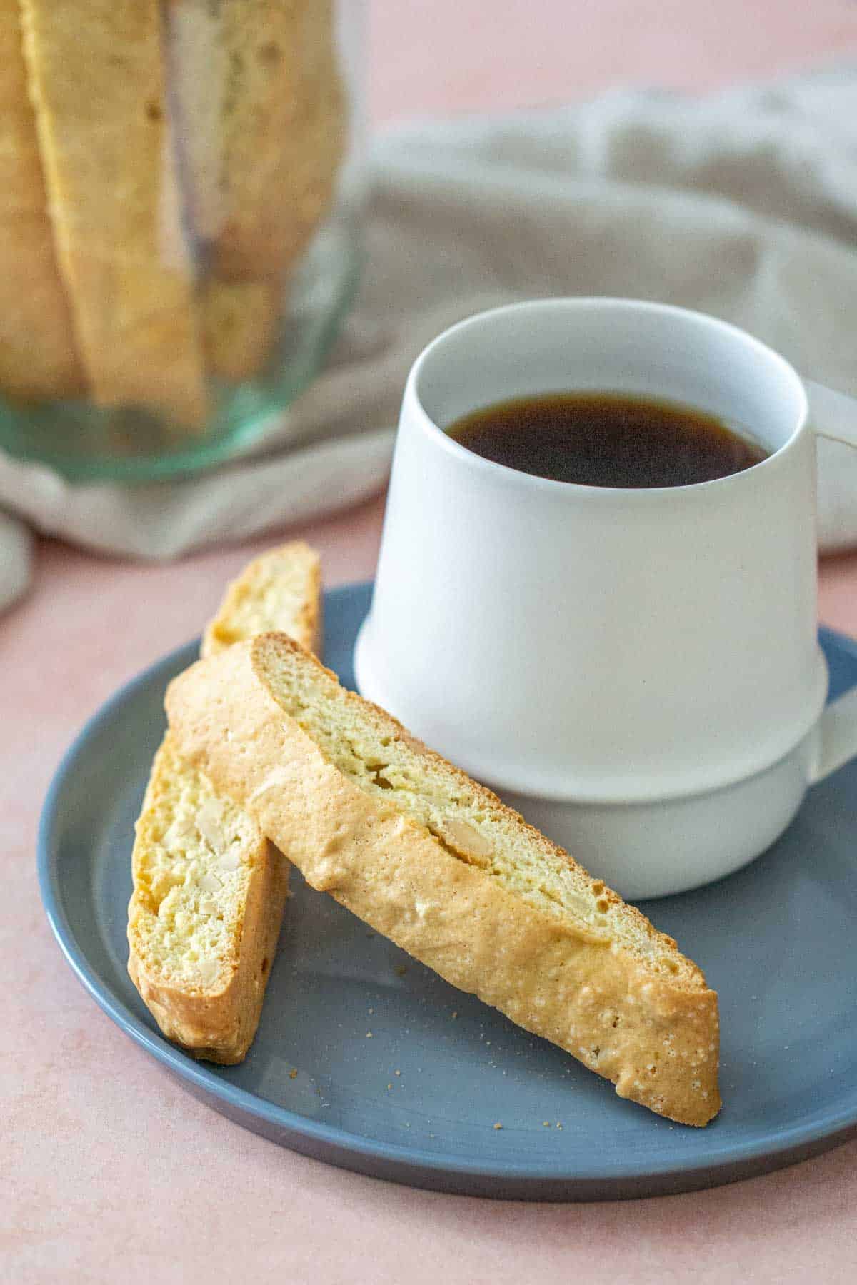 almond biscotti with mug of coffee