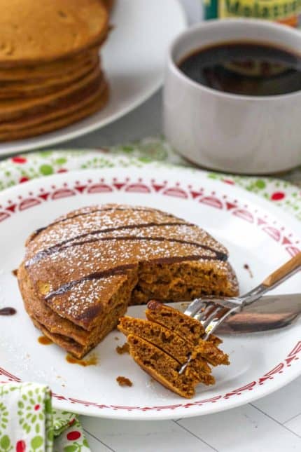 cut pieces of gingerbread pancakes on plate