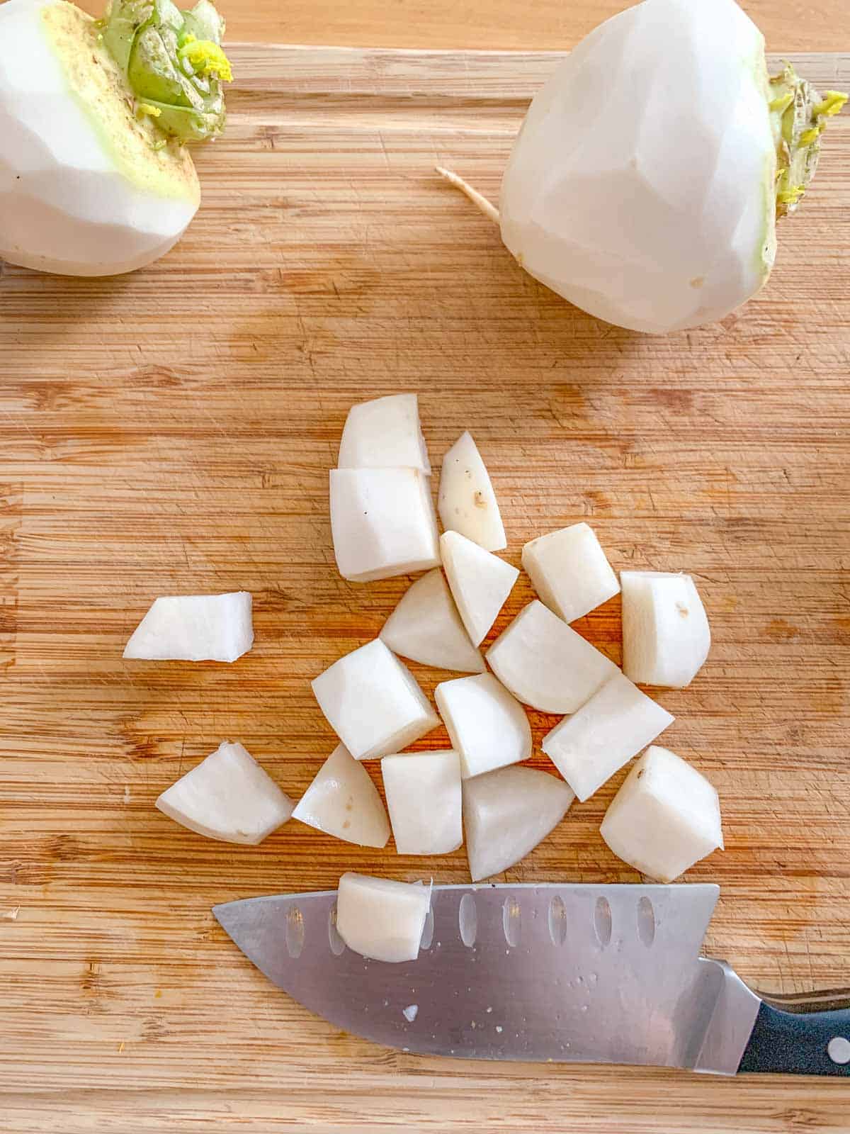 diced turnips on cutting board