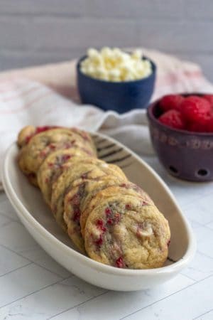 raspberry white chocolate cookies in serving bowl