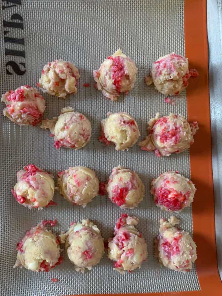 white chocolate raspberry cookie dough balls for freezing