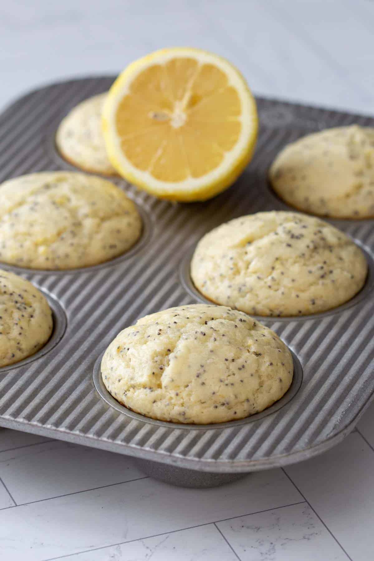 tray of lemon poppy seed muffins