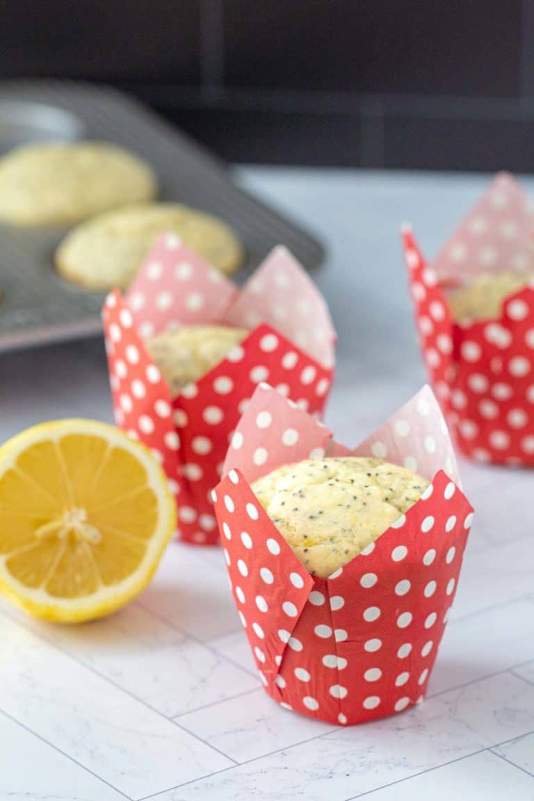 lemon poppy seed muffins on countertop