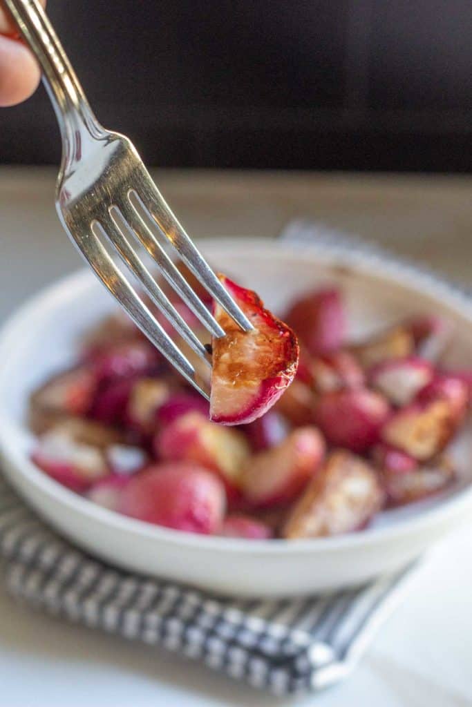 fork with roasted radish on the end