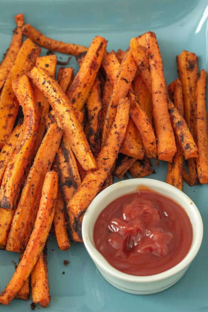 plate of carrot fries with ketchup