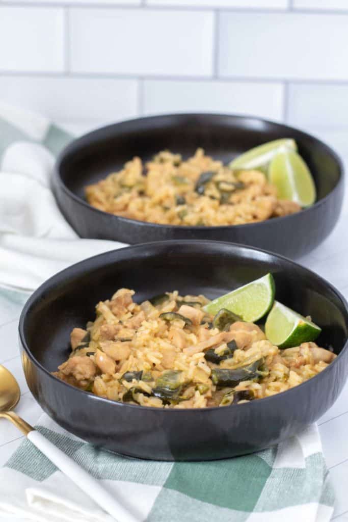 chicken poblano in black bowls