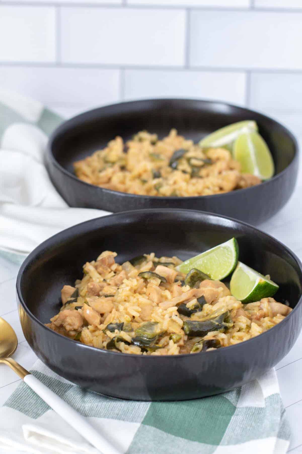 chicken poblano in black bowls