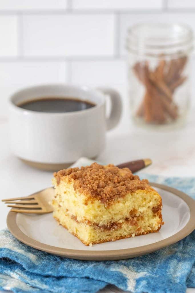 slice of cinnamon coffee cake with fork