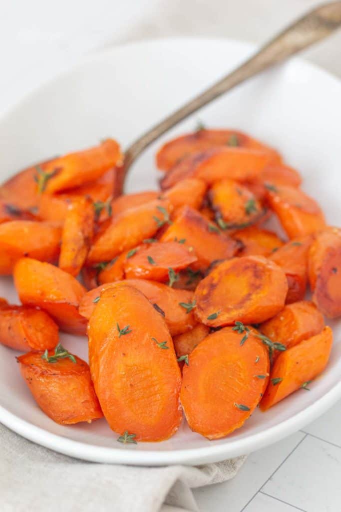 serving dish of roasted carrots