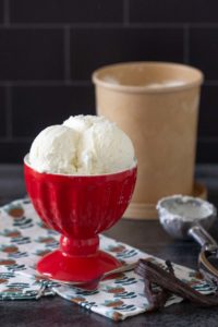 vanilla bean ice cream in red ice cream bowl