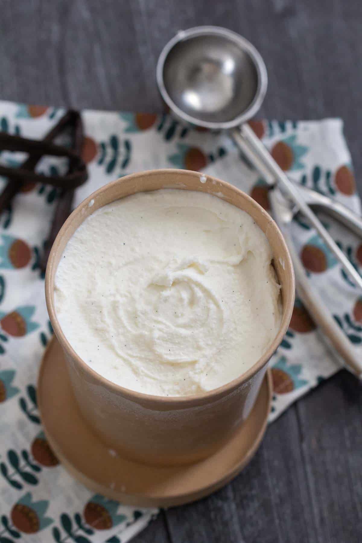 vanilla bean ice cream in paper container