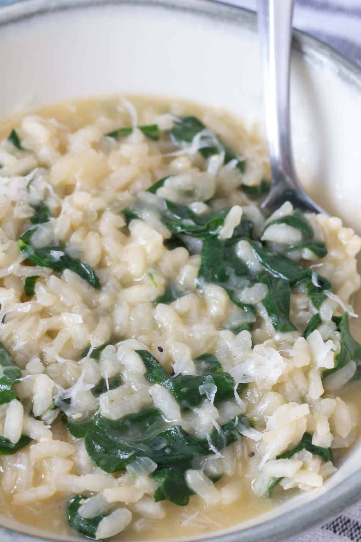 close up bowl of spinach risotto
