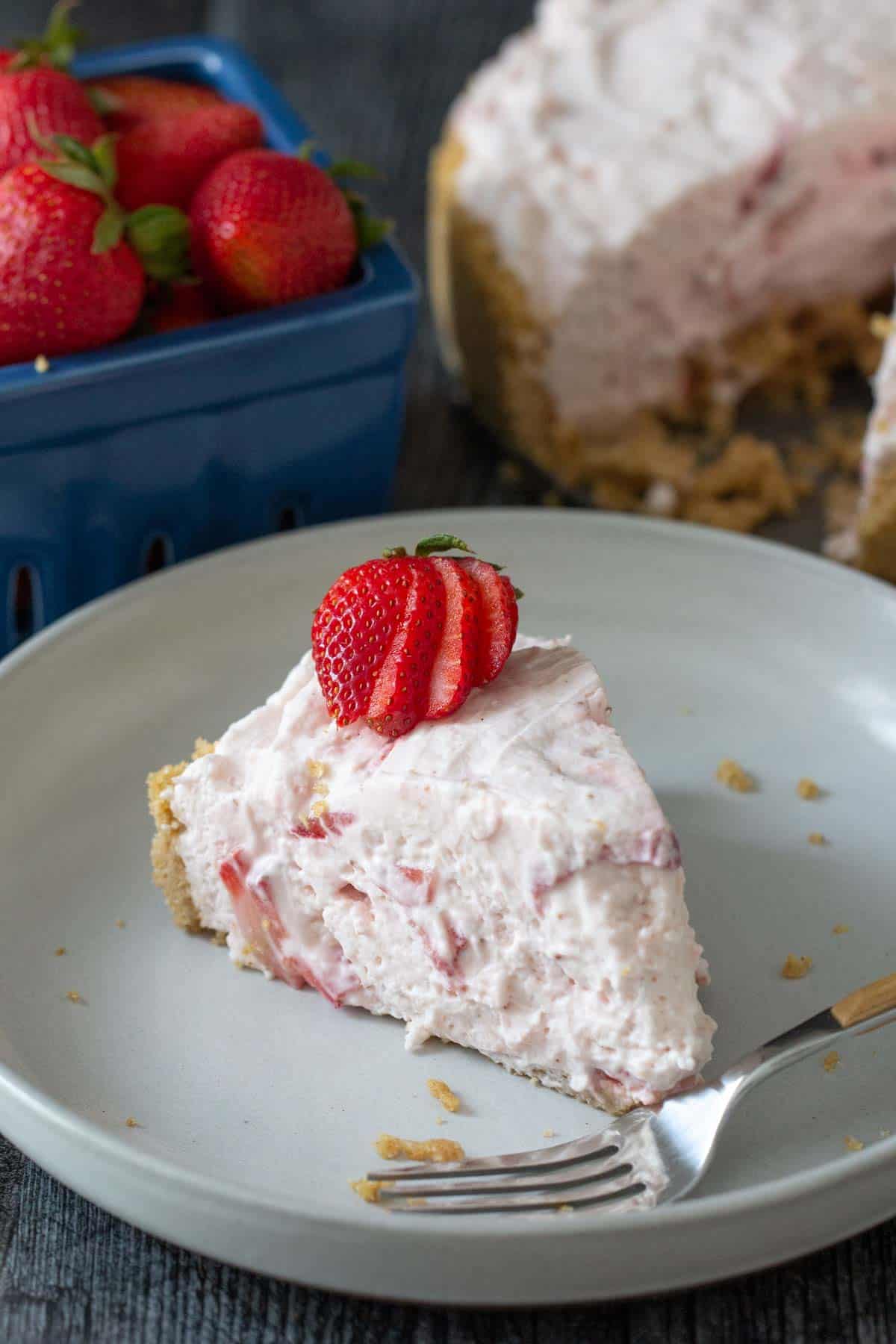 strawberry chiffon pie slice with fork