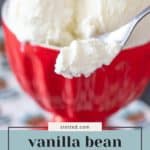 A close-up of a red bowl filled with creamy vanilla bean ice cream, with a spoonful held above the bowl. Text on the image reads, "vanilla bean ice cream summer favorite.
